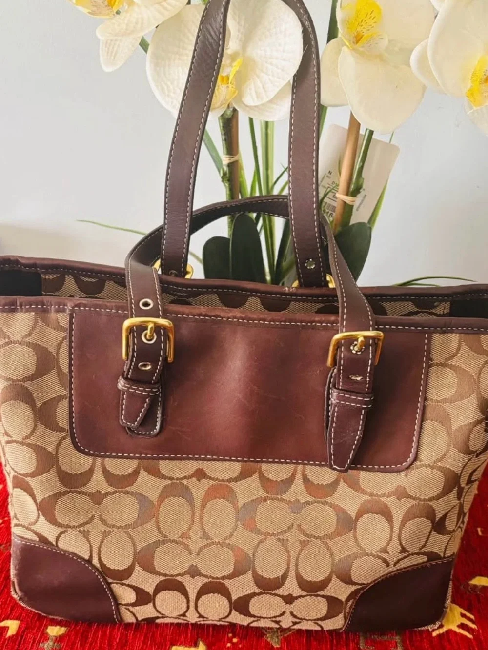 COACH Tan and Brown Signature Canvas Tote with Leather Trim - Picture 8 of 9